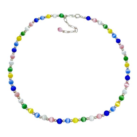 Sterling Silver 925 Multicolor Synthetic Cat's Eye Beaded Necklace 15.25-17" - Picture 1 of 4